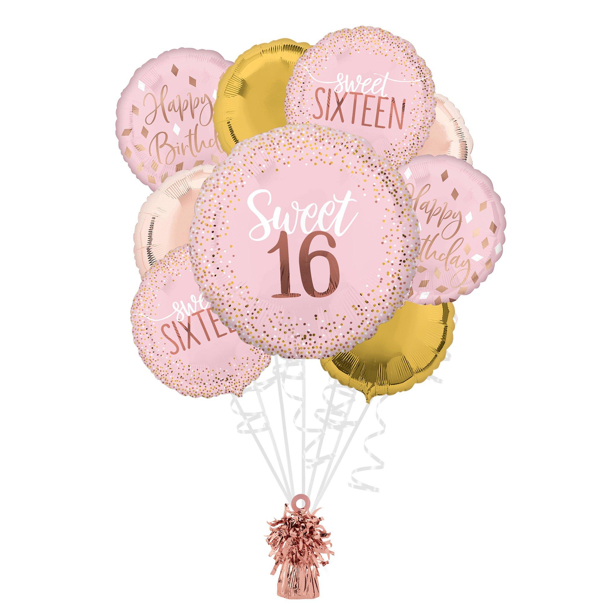 Blush Pink & Gold Sweet 16 Birthday Foil Balloon Bouquet